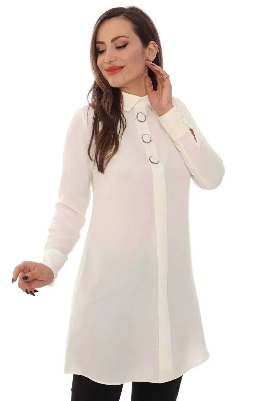 Palestinian Elegance white formal tunic for women with buttons and long sleeves