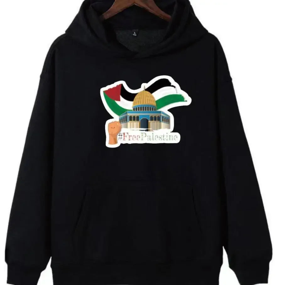 Black Free Palestine hoodie by Palestinian Elegance with Dome of the Rock graphic and Palestinian flag