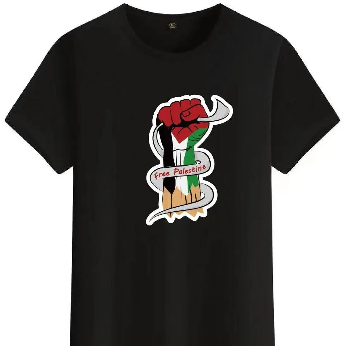 Black Free Palestine shirt with raised fist and Palestinian flag design by Palestinian Elegance
