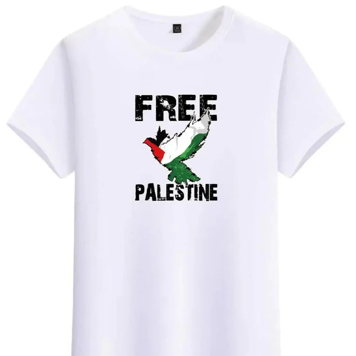 White t-shirt with Free Palestine graphic print featuring bird and flag colors