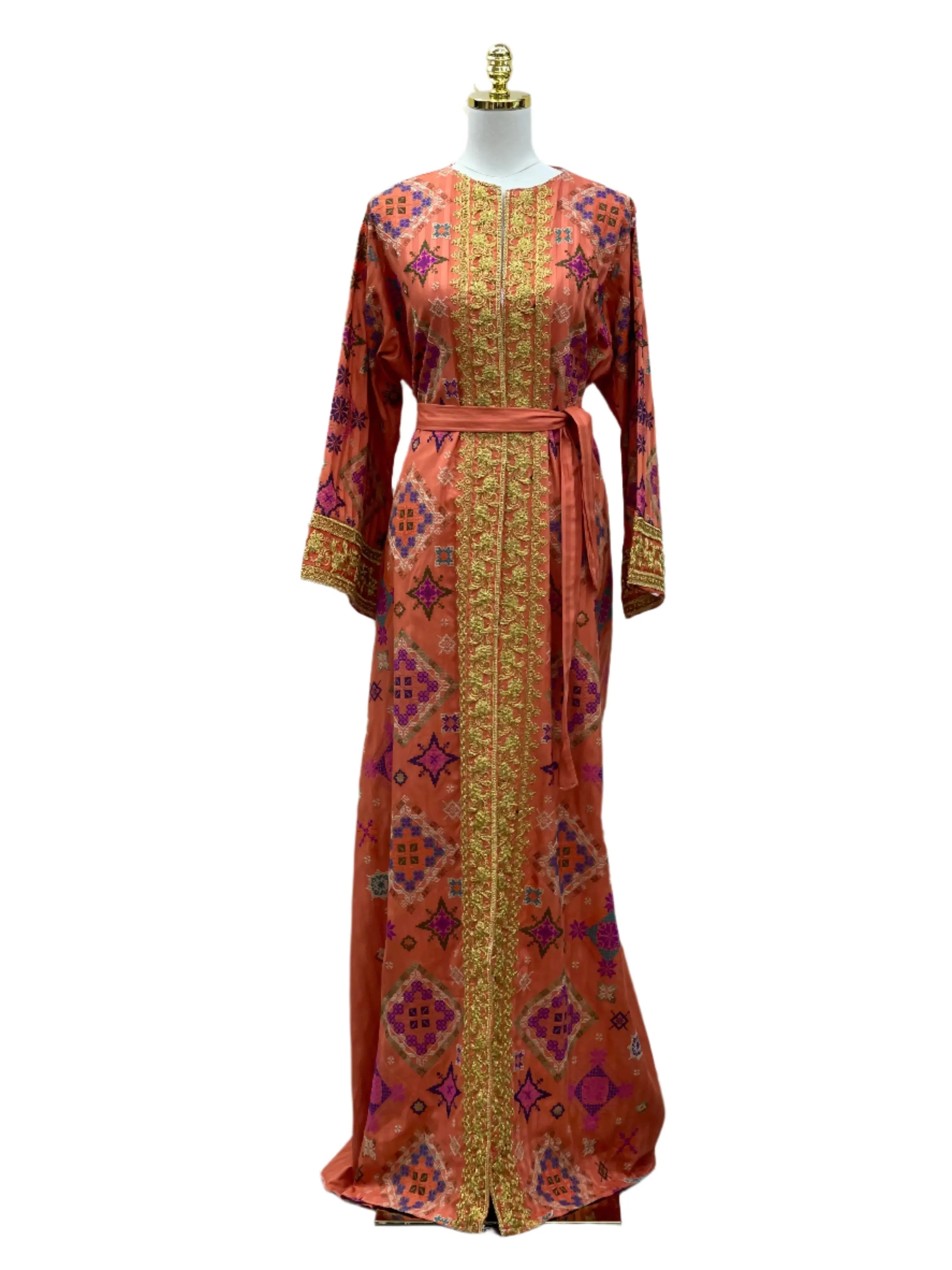Palestinian Elegance Gabani embroidered long cardigan in orange with intricate traditional embroidery and a waist tie belt