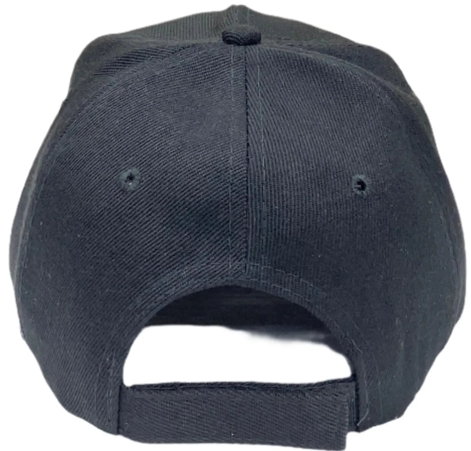 Back view of a black Gaza embroidered hat by Palestinian Elegance with adjustable strap