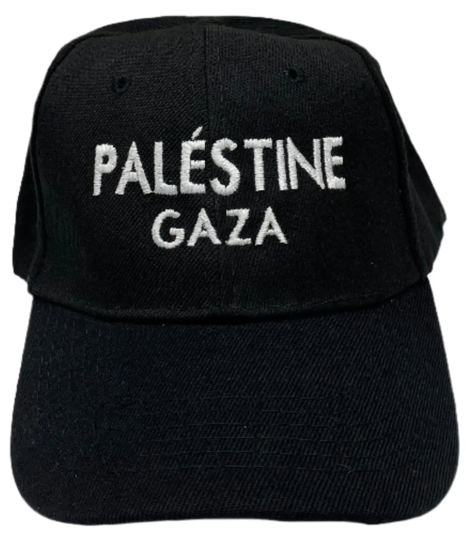 Black Gaza embroidered hat with white Palestine and Gaza text by Palestinian Elegance