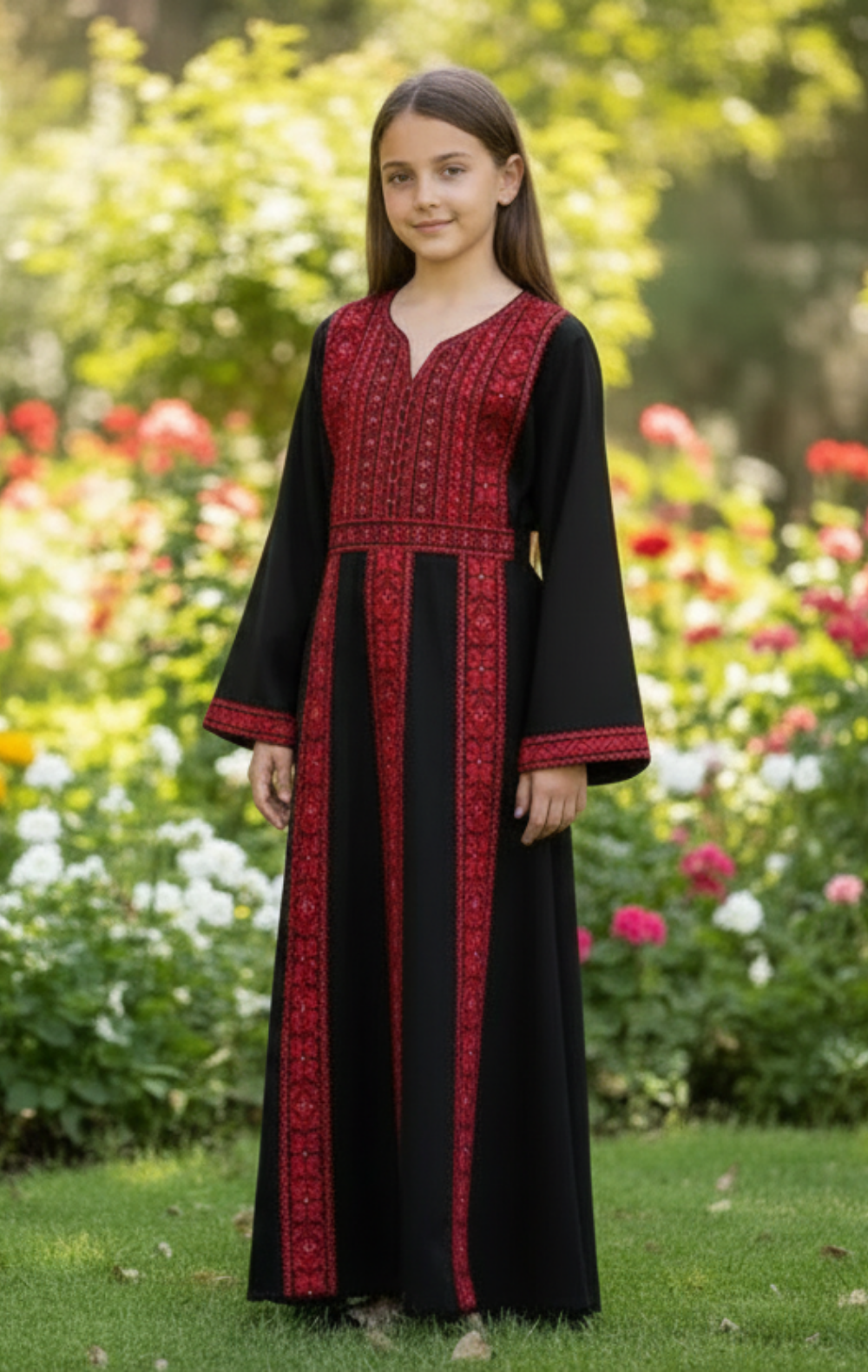 Young girl wearing a black and red dress with floral patterns in a garden setting