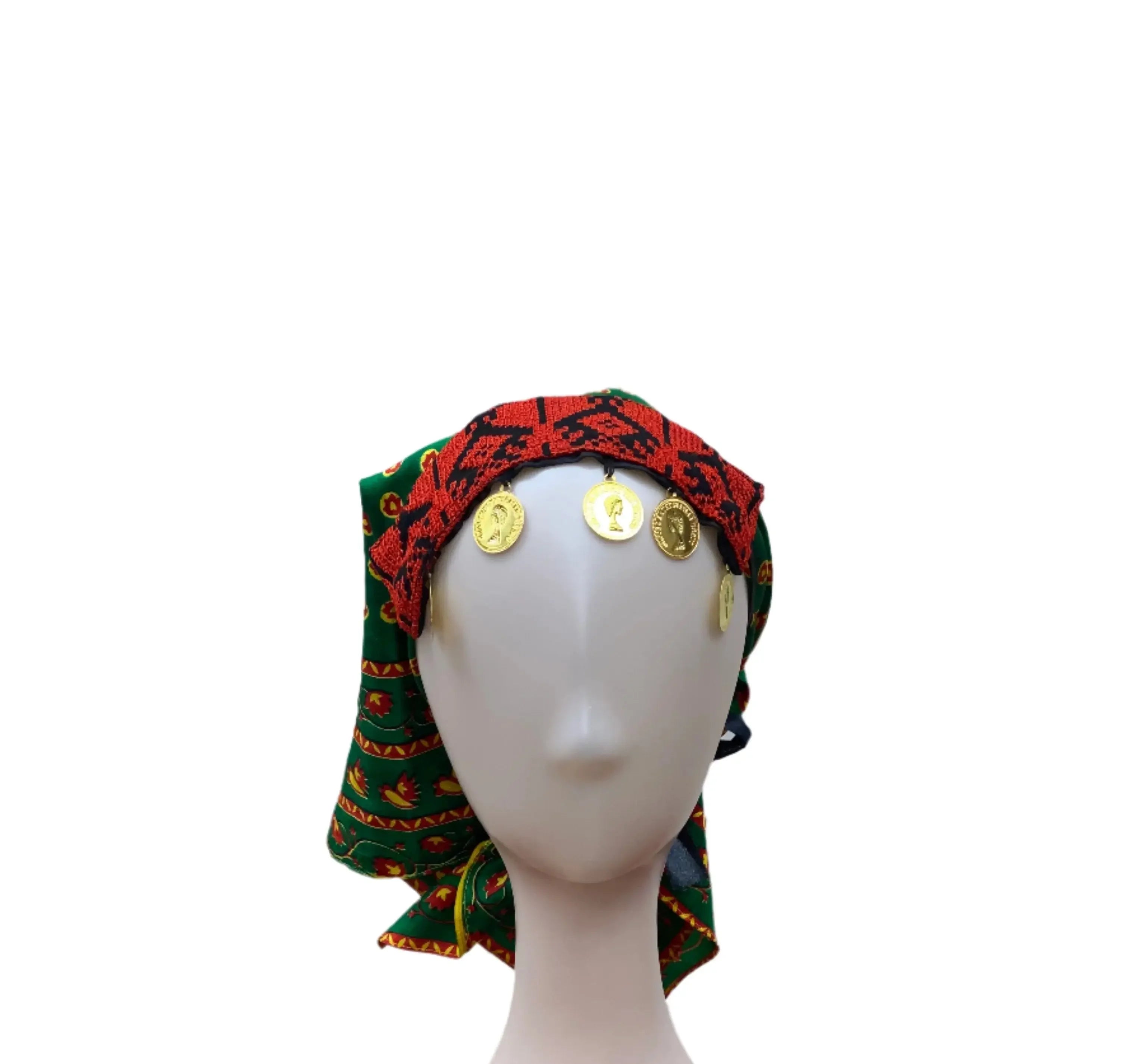 Girls embroidered head scarf in red and green with gold coin accents from Palestinian Elegance