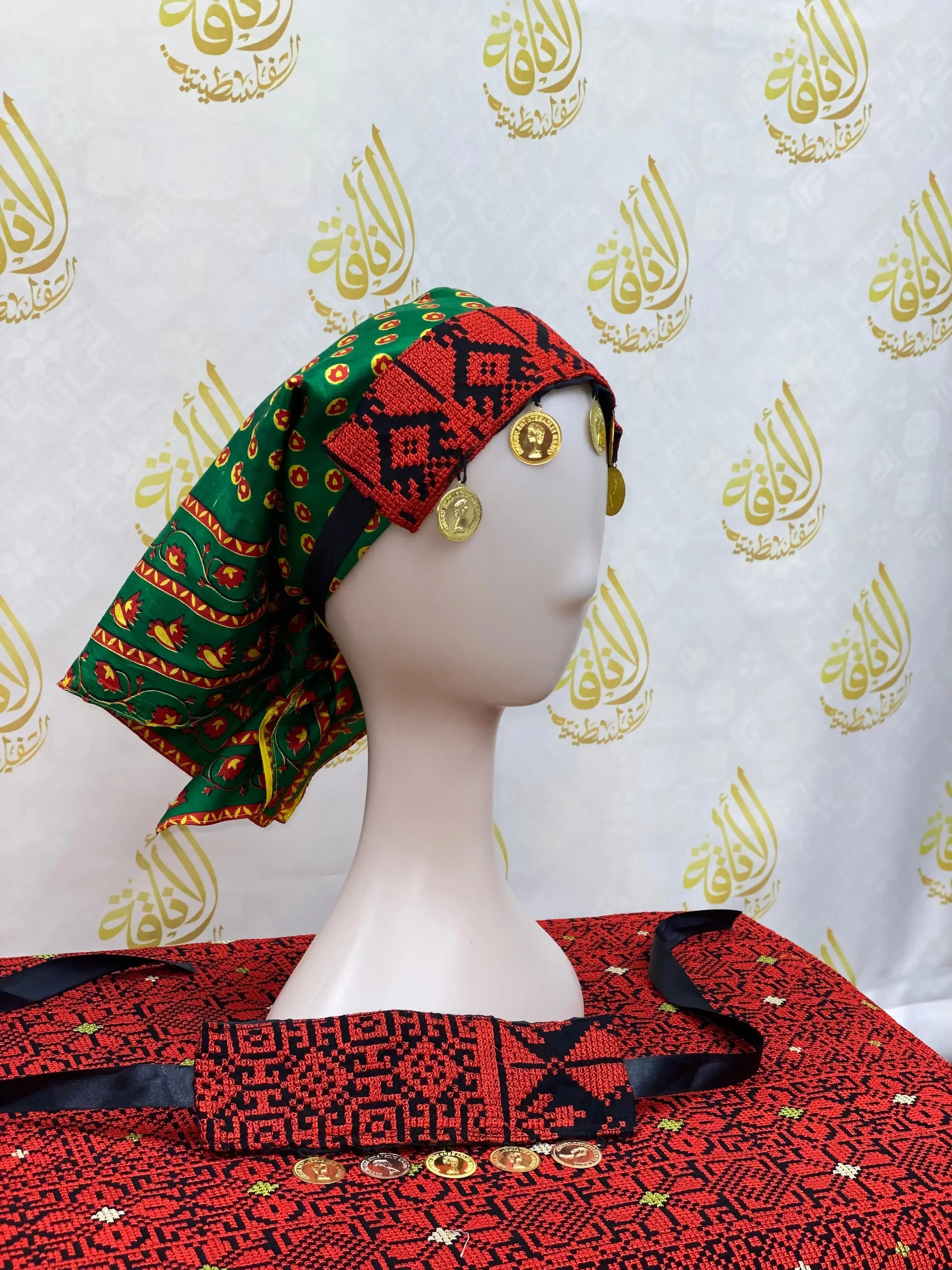 Palestinian Elegance girls embroidered head scarf in red and green with traditional patterns and gold coins