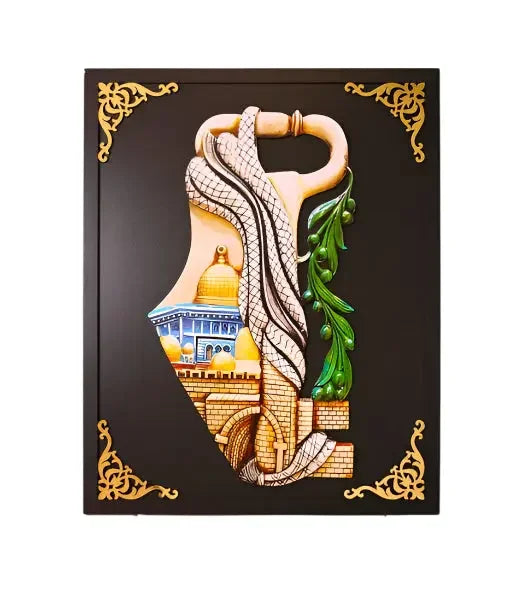 Gold Al Quds Key with Palestine Map - All Black Home Decor Palestinian Elegance