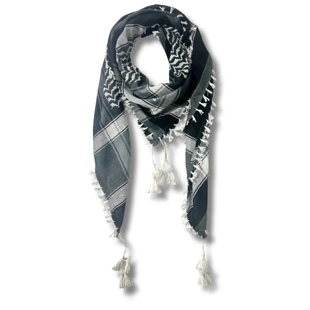 Grey and white kuffiyeh scarf with traditional pattern and tassels from Palestinian Elegance