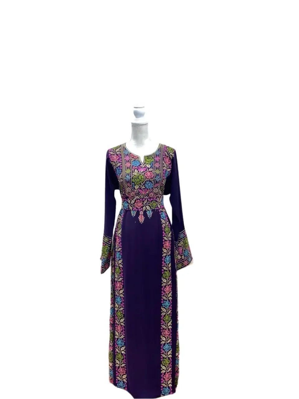 Palestinian Elegance hand-embroidered abaya with colorful floral designs on dark fabric