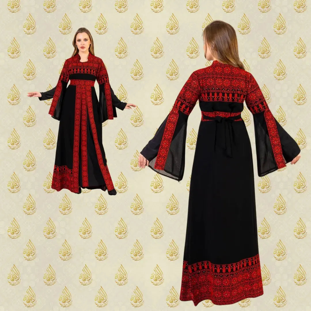 Black and red hand embroidered tatreez dress with intricate traditional Palestinian embroidery