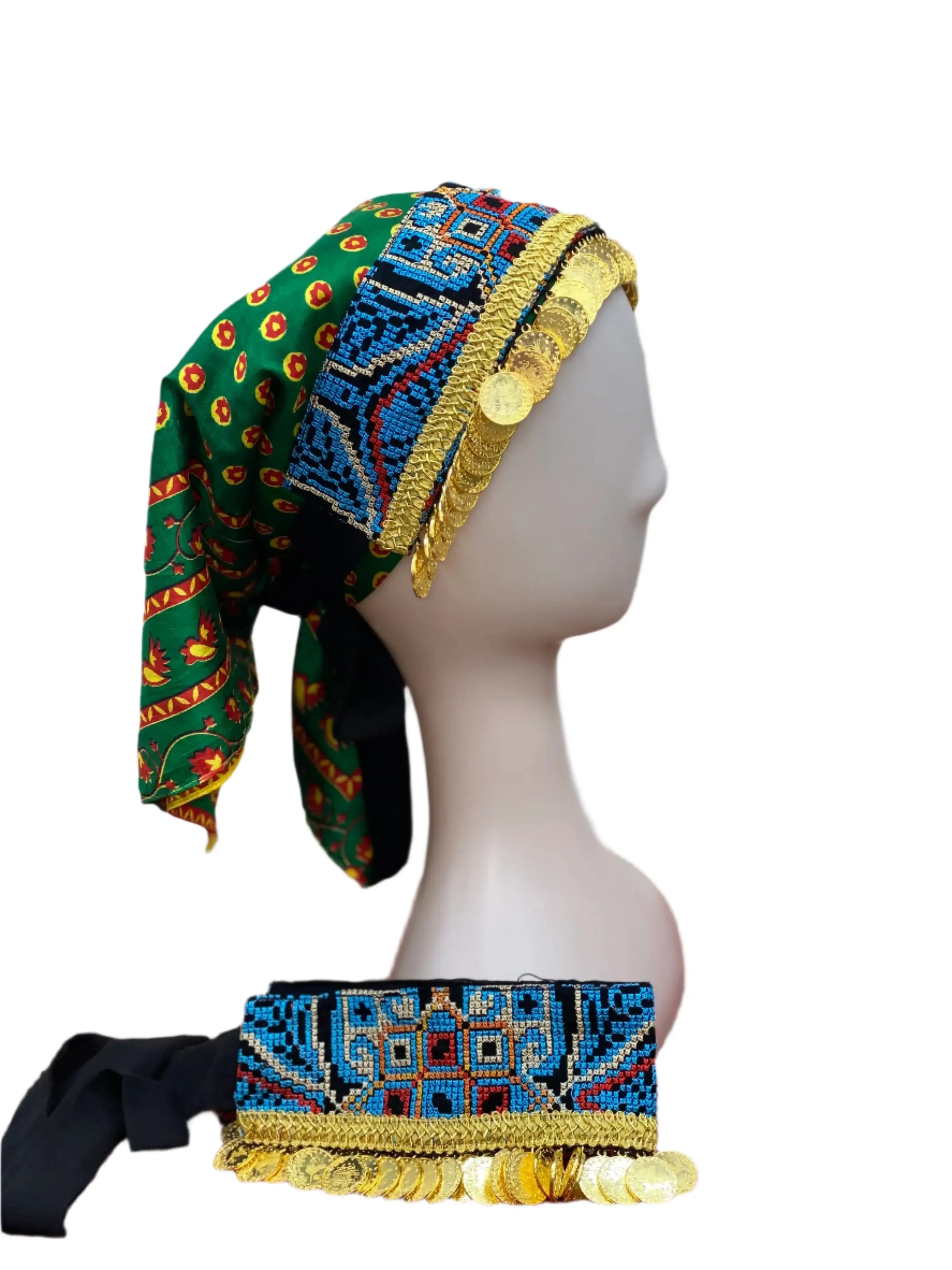 Hand embroidered tatreez headscarf in blue green with gold coin accents by Palestinian Elegance