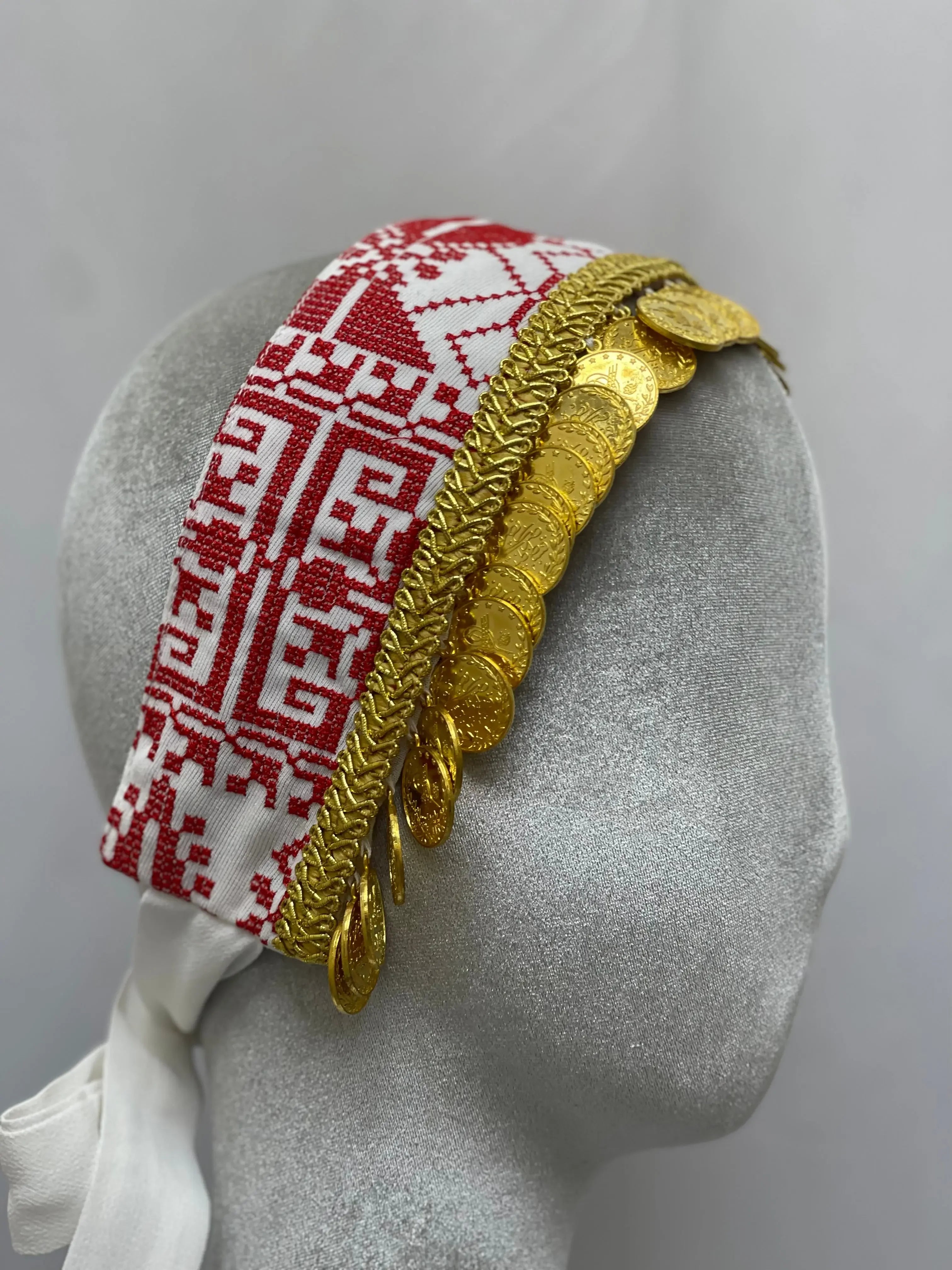 Palestinian Elegance hand embroidered tatreez headscarf with red geometric patterns and gold coin trim