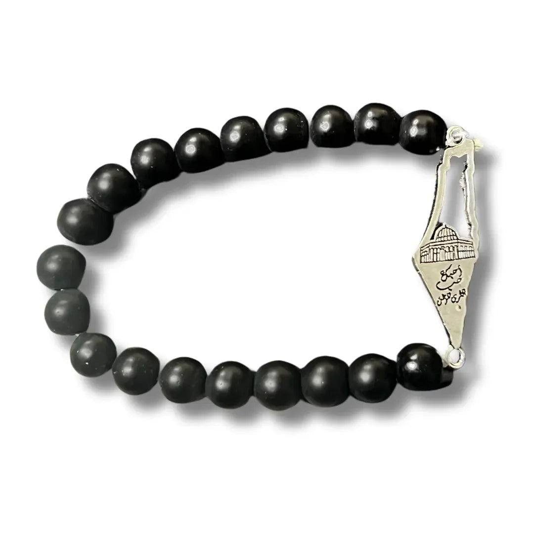 Palestinian Elegance handcrafted kuffiyeh bracelet with black beads and silver map charm