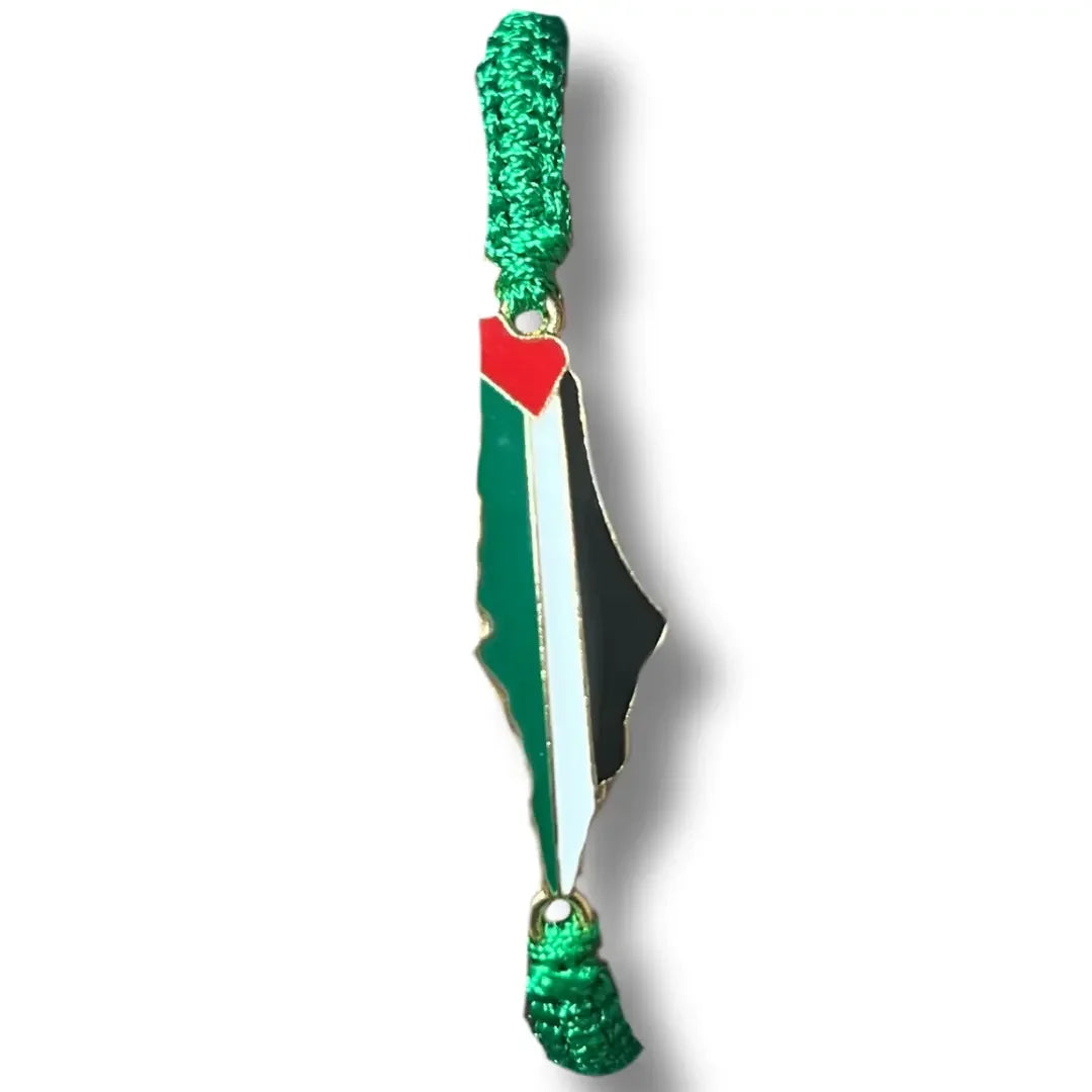 Handcrafted Palestine bracelet with map-shaped pendant and green woven band by Palestinian Elegance