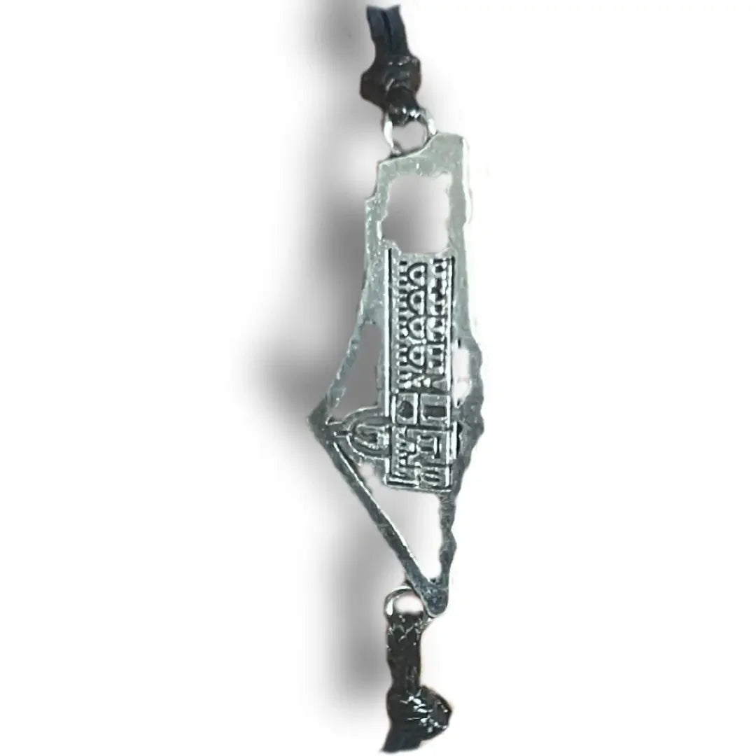 Handcrafted Palestine bracelet featuring a silver map design with intricate detailing on black cord