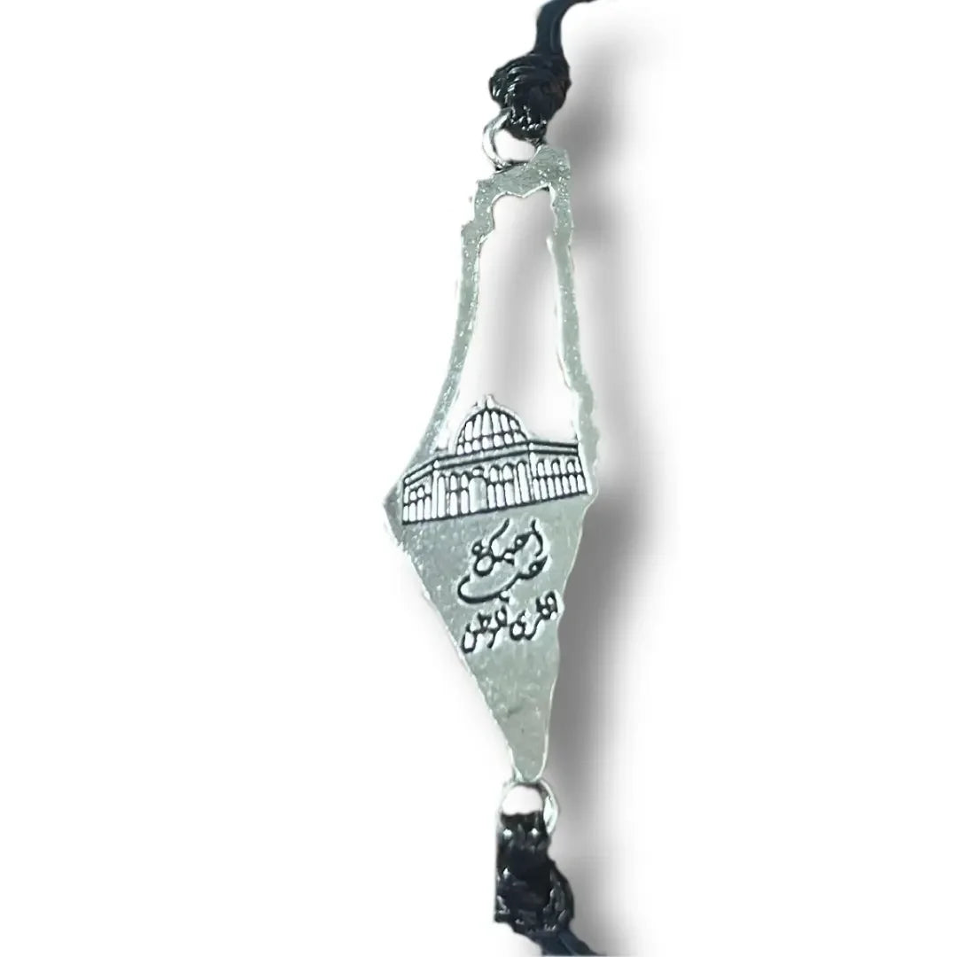 Handcrafted Palestine bracelet with silver map pendant featuring Dome of the Rock design and black adjustable cord