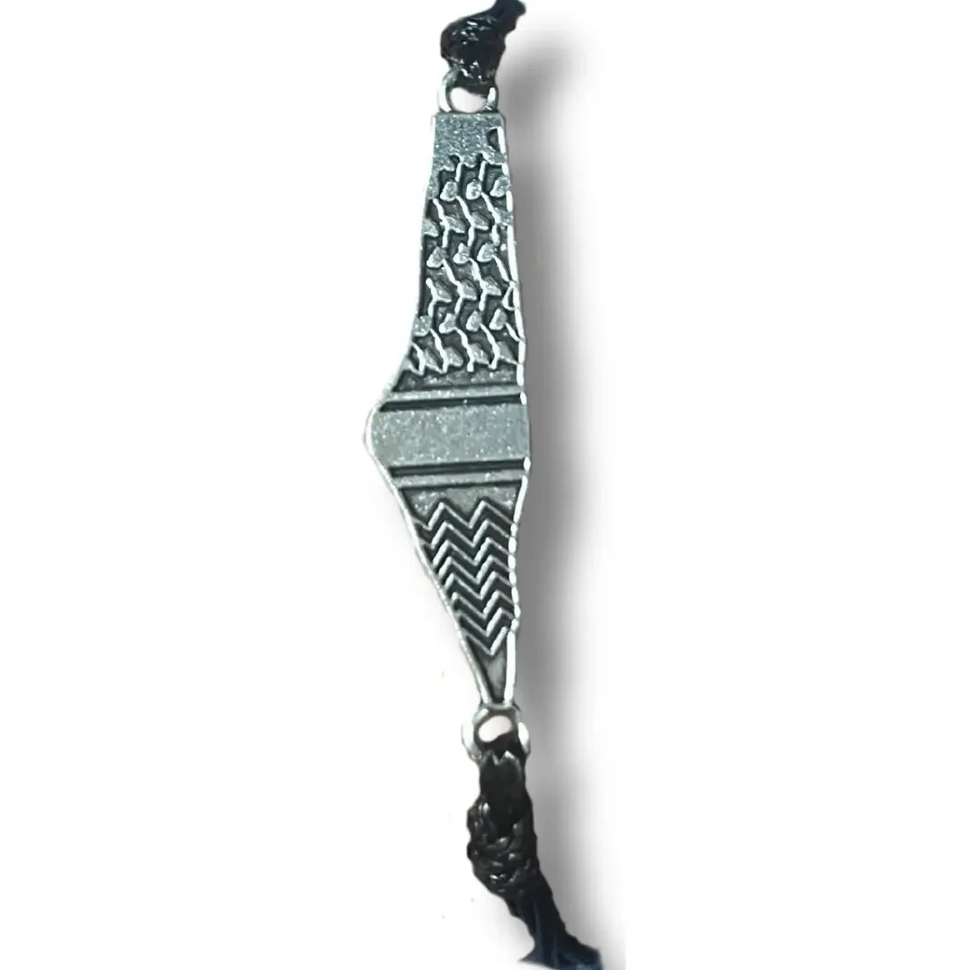 Handcrafted Palestine bracelet with intricate silver design on black adjustable cord