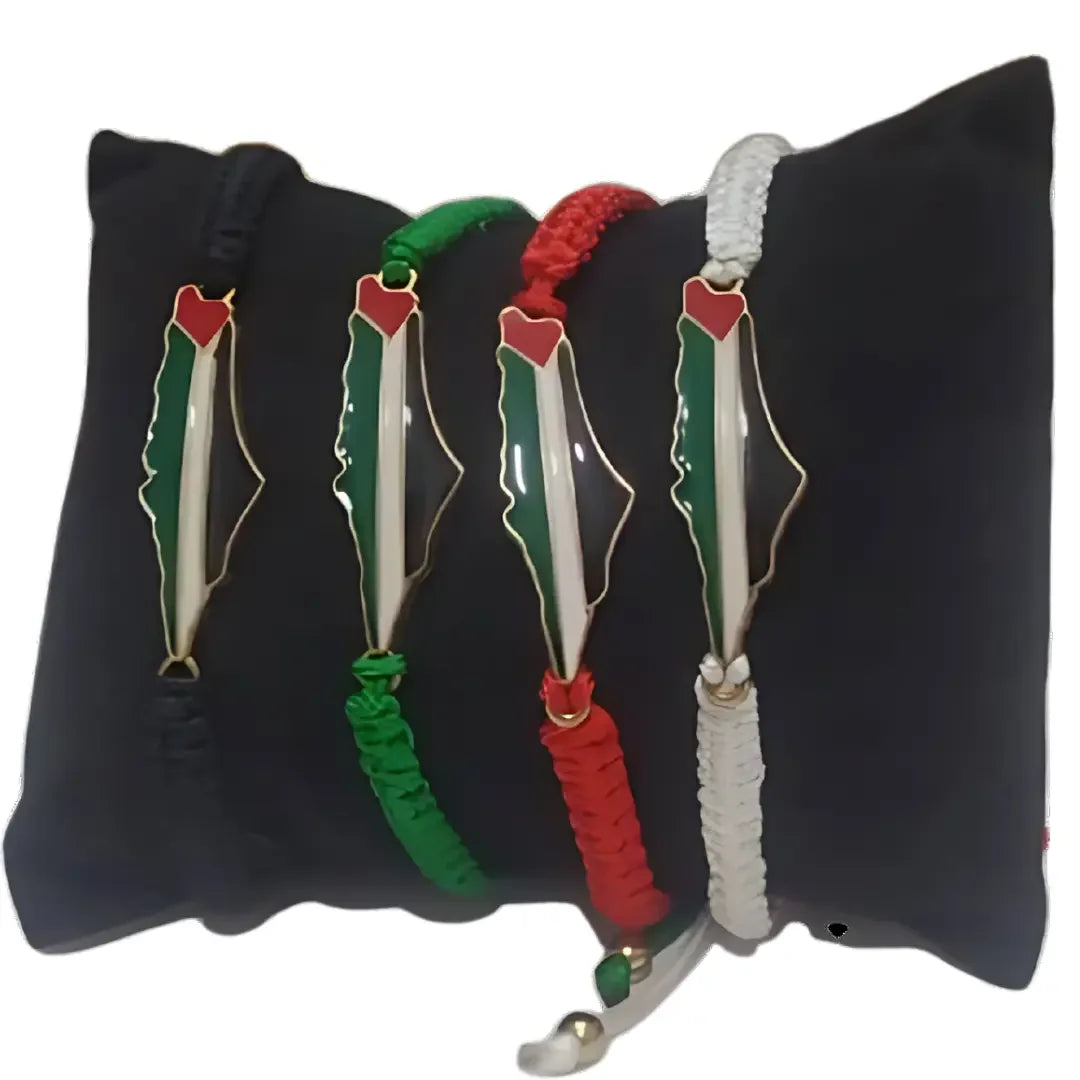 Handcrafted Palestine bracelet with map and heart charm in black green red and white bands