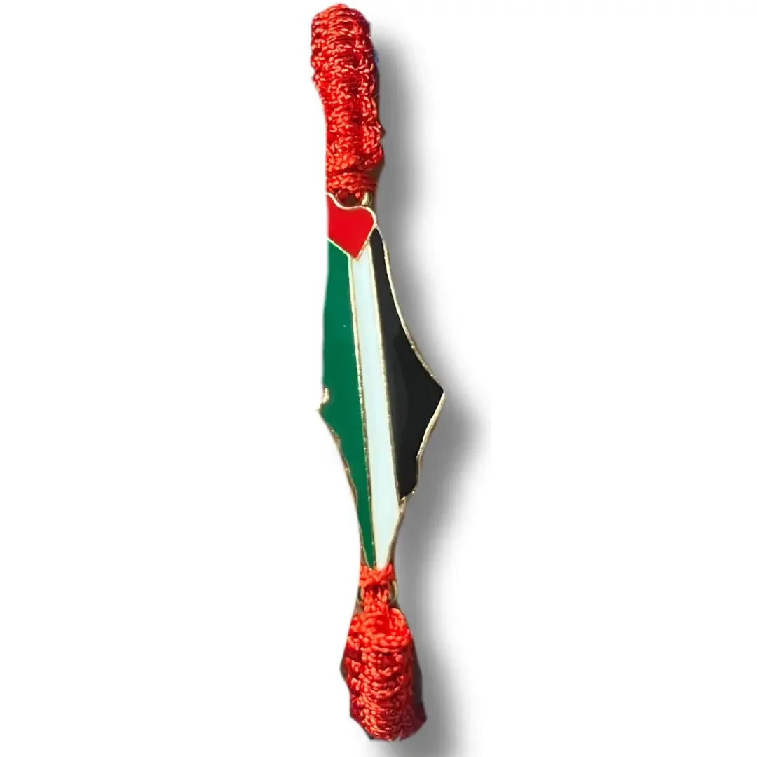 Handcrafted Palestine bracelet with red woven band and Palestinian flag charm accessory