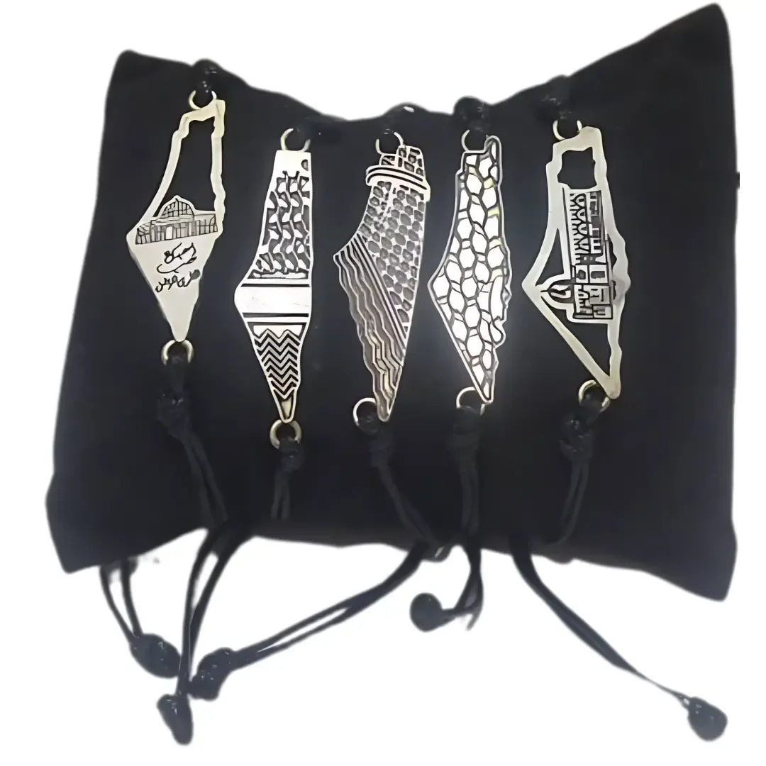 Handcrafted Palestine bracelet set with silver map designs on black adjustable cords by Palestinian Elegance