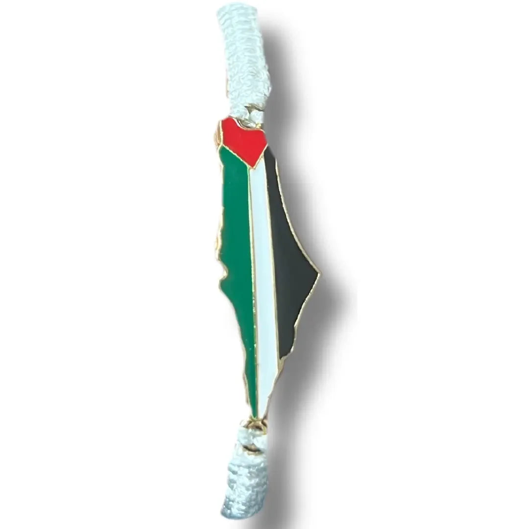 Handcrafted Palestine bracelet with map-shaped charm featuring Palestinian flag colors and white braided band
