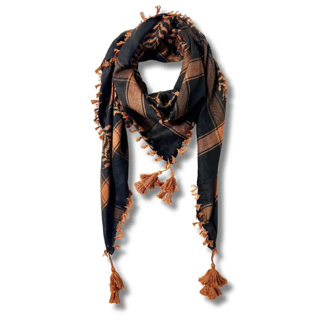 Handcrafted Palestinian kuffiyeh scarf in black and brown with tassels from Palestinian Elegance accessories