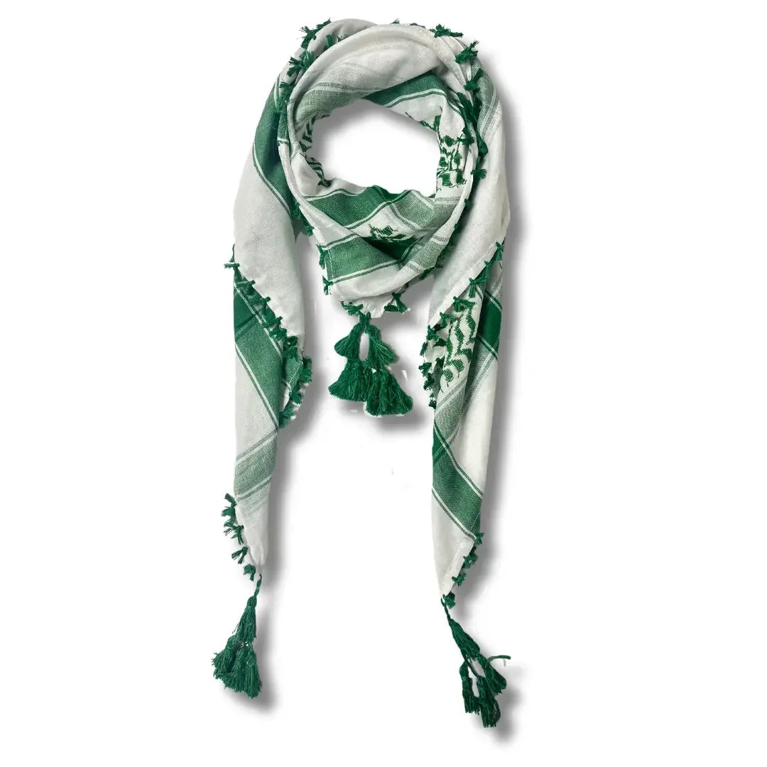 Handcrafted palestinian kuffiyeh scarf in white and green with tassels from Palestinian Elegance