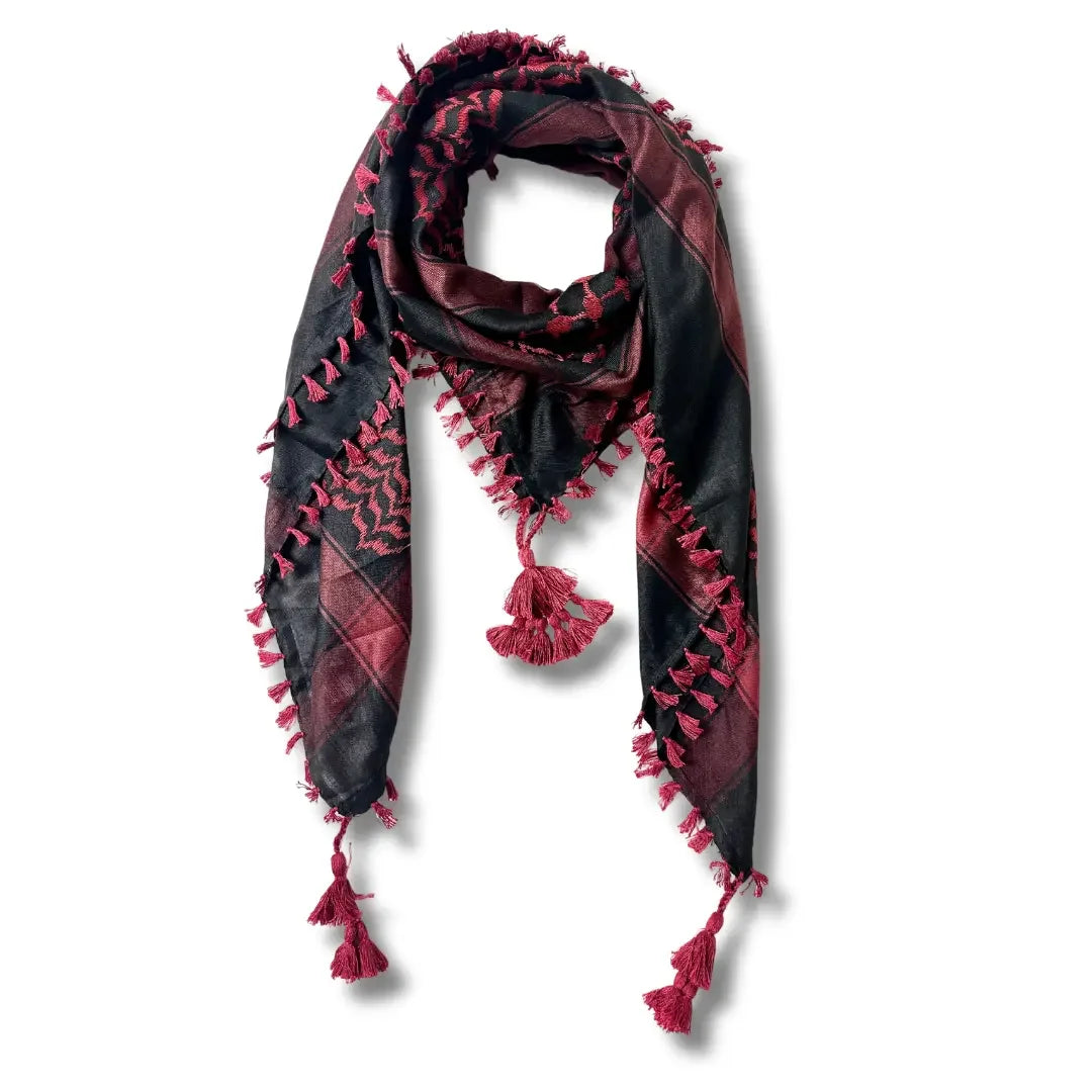 Handcrafted Palestinian scarf in black and red with traditional patterns and tassels by Palestinian Elegance