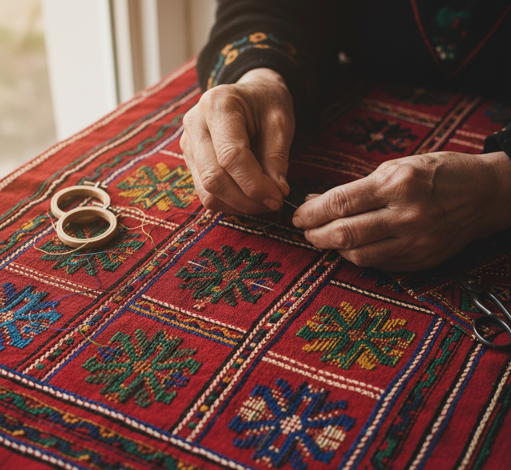 Person working on a piece of embroidered fabric with intricate patterns.
