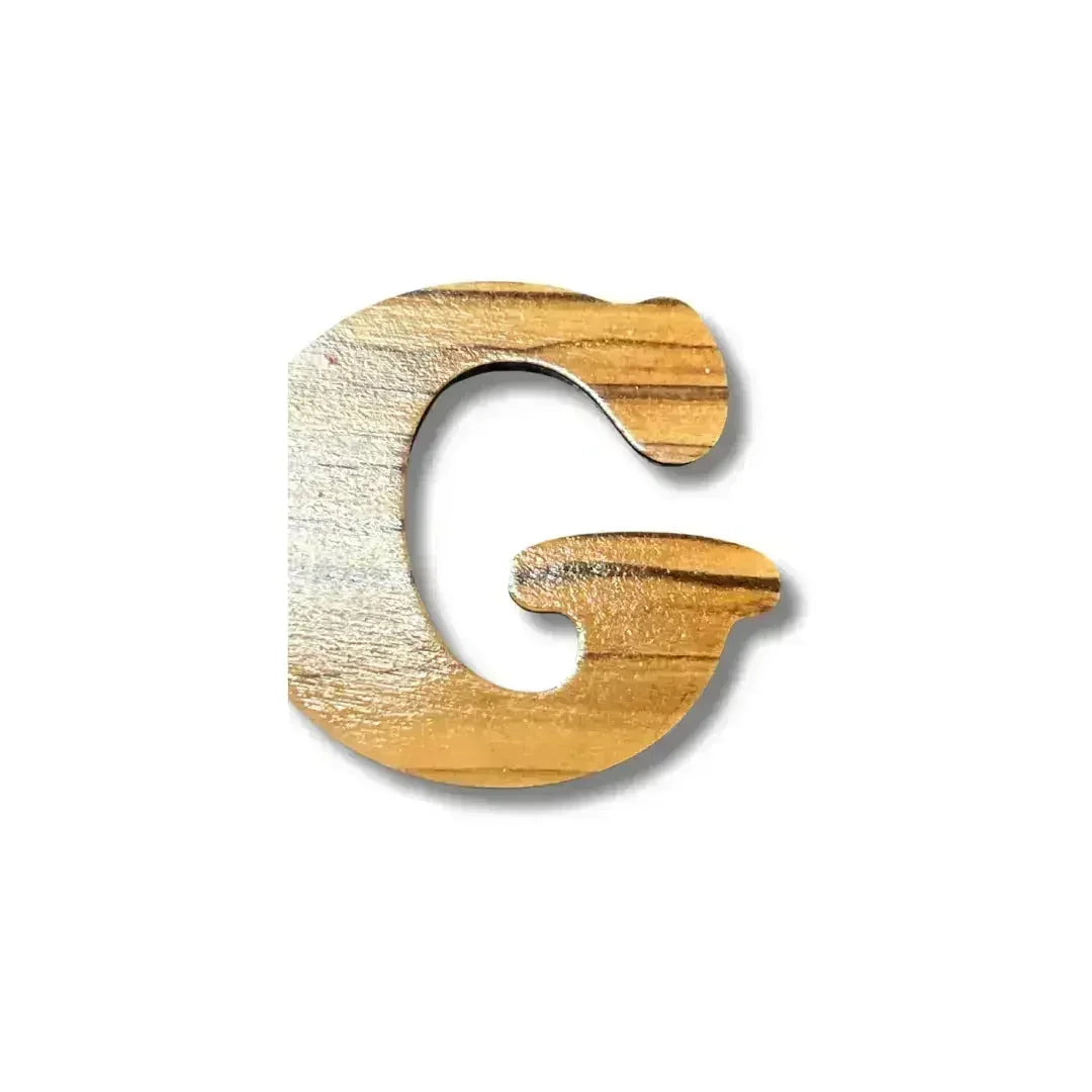 Wooden letter G charm from handmade Arabic love keychain by Palestinian Elegance