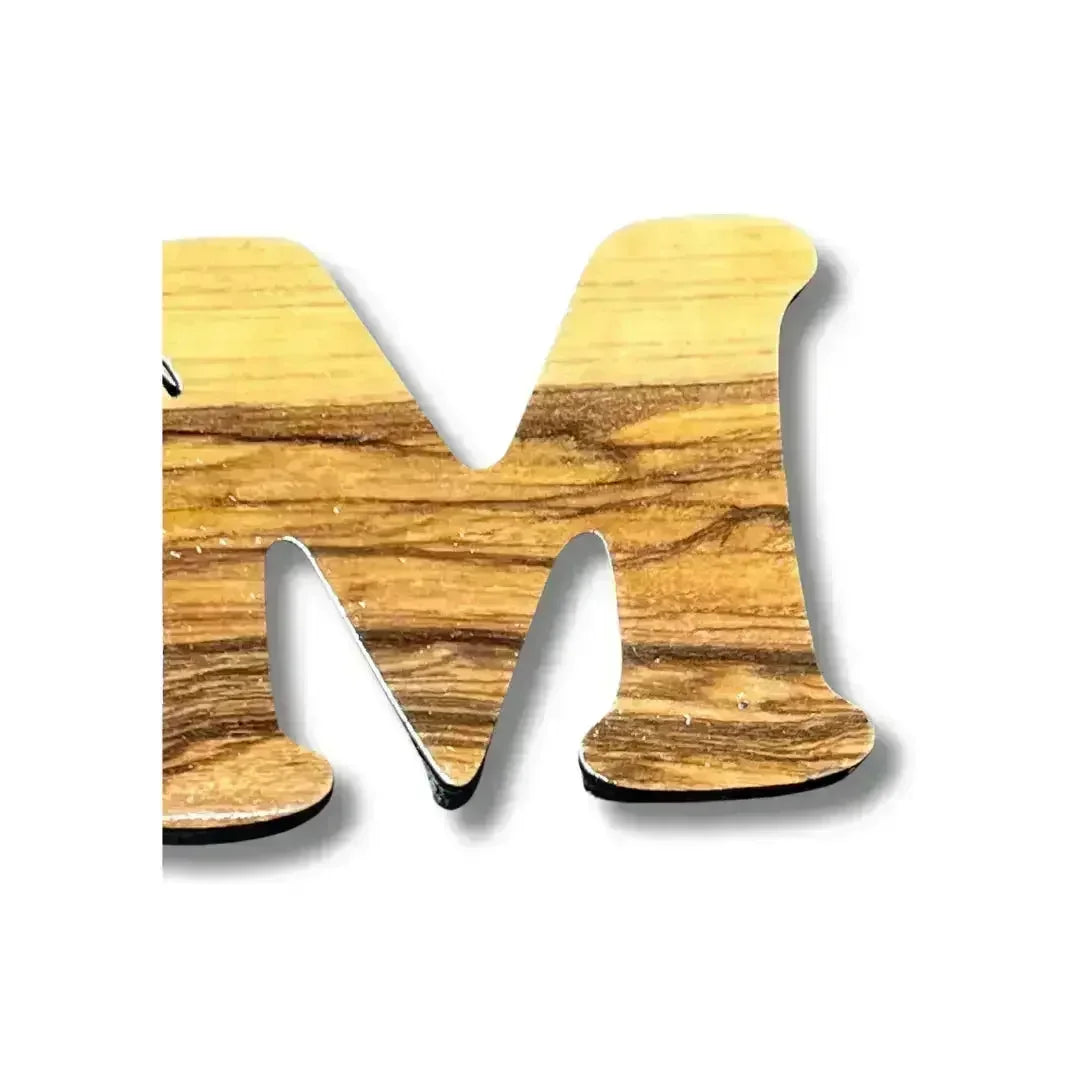 Handmade Arabic love keychain with wooden letter M design by Palestinian Elegance