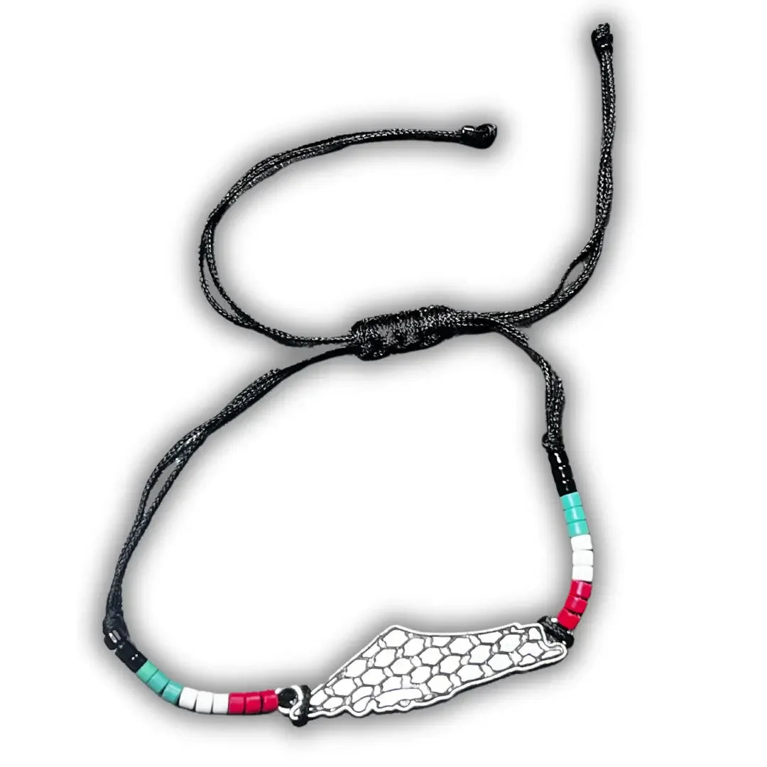 Palestinian Elegance handmade beaded bracelets with adjustable black cord and decorated silver charm