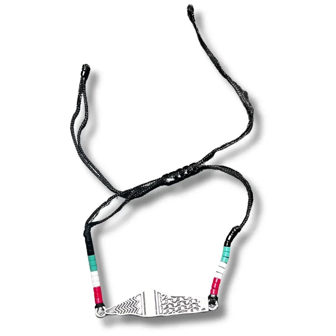 Palestinian Elegance handmade beaded bracelets featuring black cord and decorative beads with traditional patterns