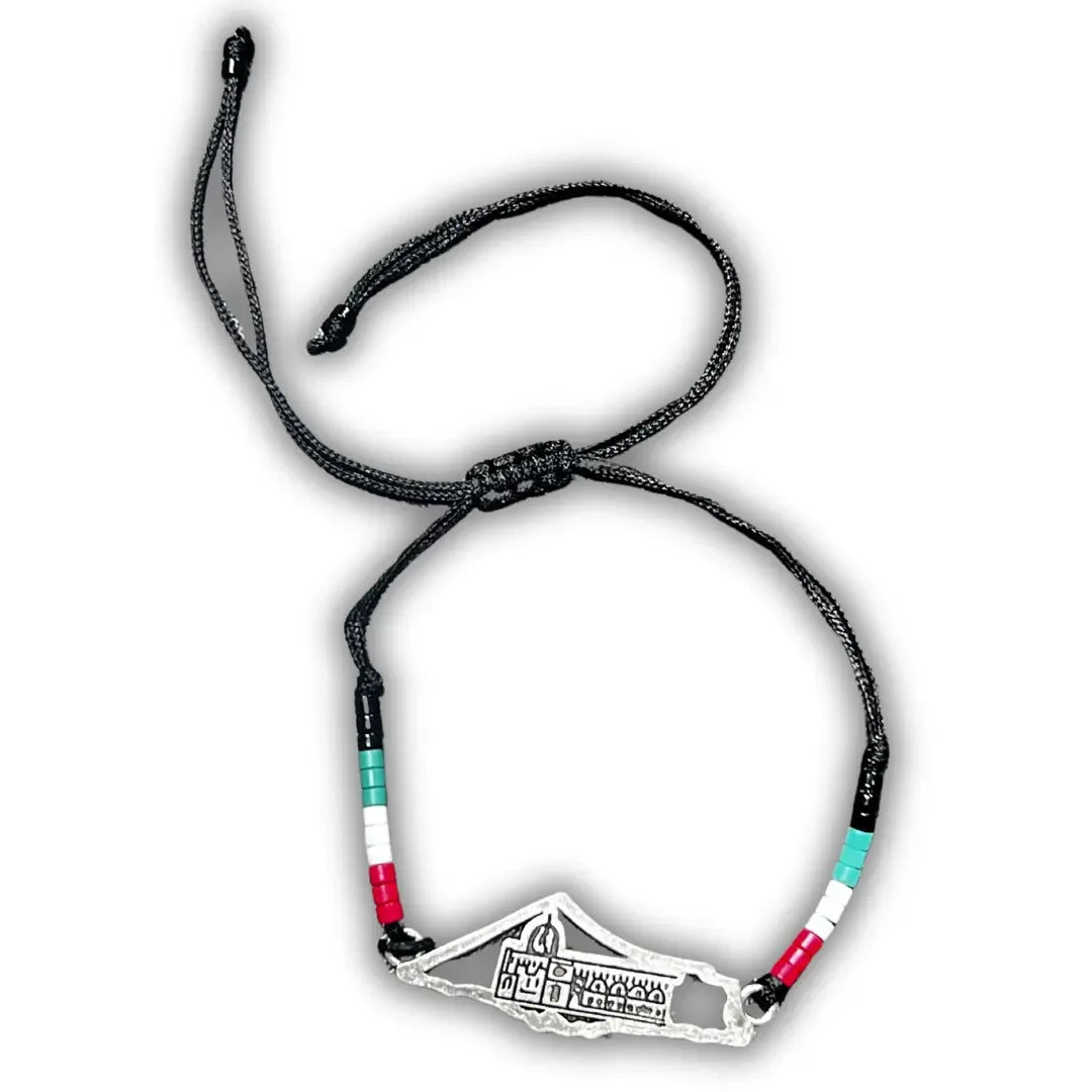 Handmade beaded bracelets by Palestinian Elegance with black cord and colored beads featuring a silver charm