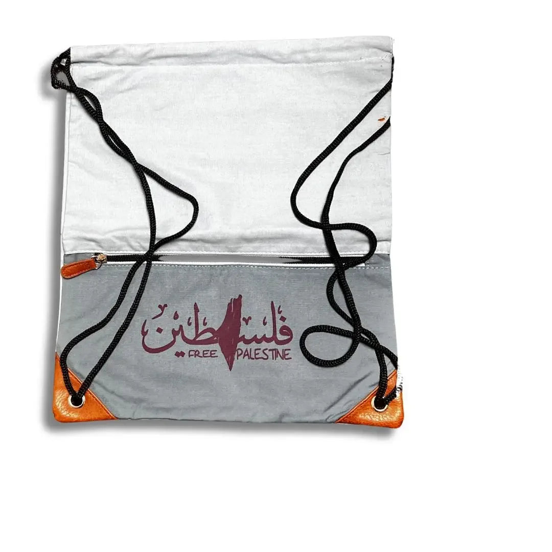 Handmade Palestine backpack with free Palestine design in gray white and orange from Palestinian Elegance