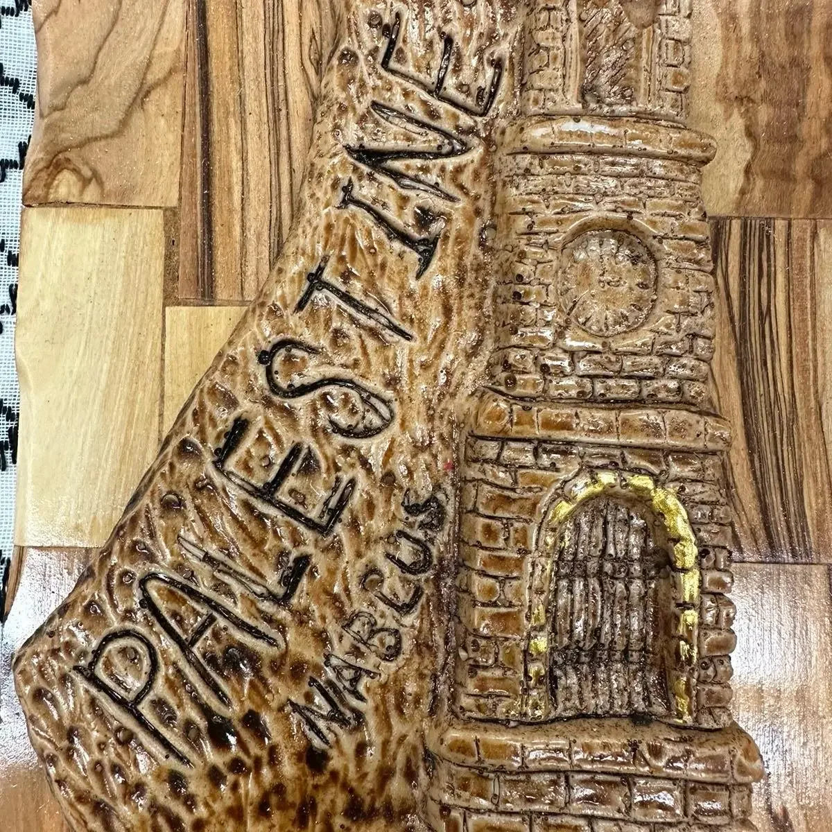 Handmade Palestine map wall art with intricate design and Nablus landmark engraving