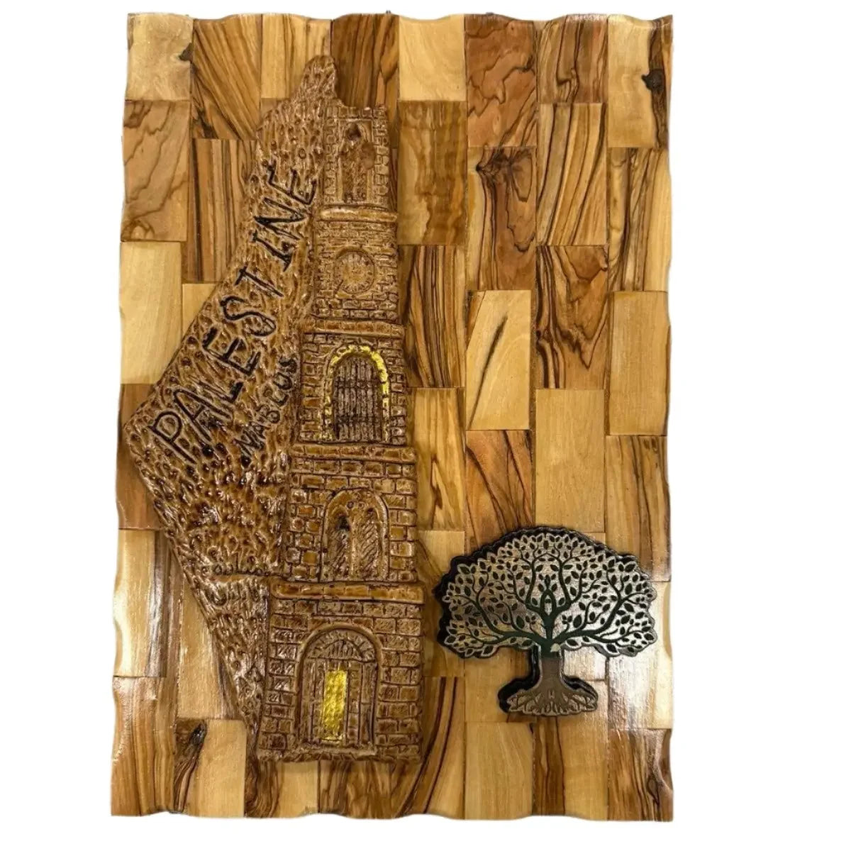 Handmade Palestine map wall art carved wood with detailed tower design and olive tree on wooden background