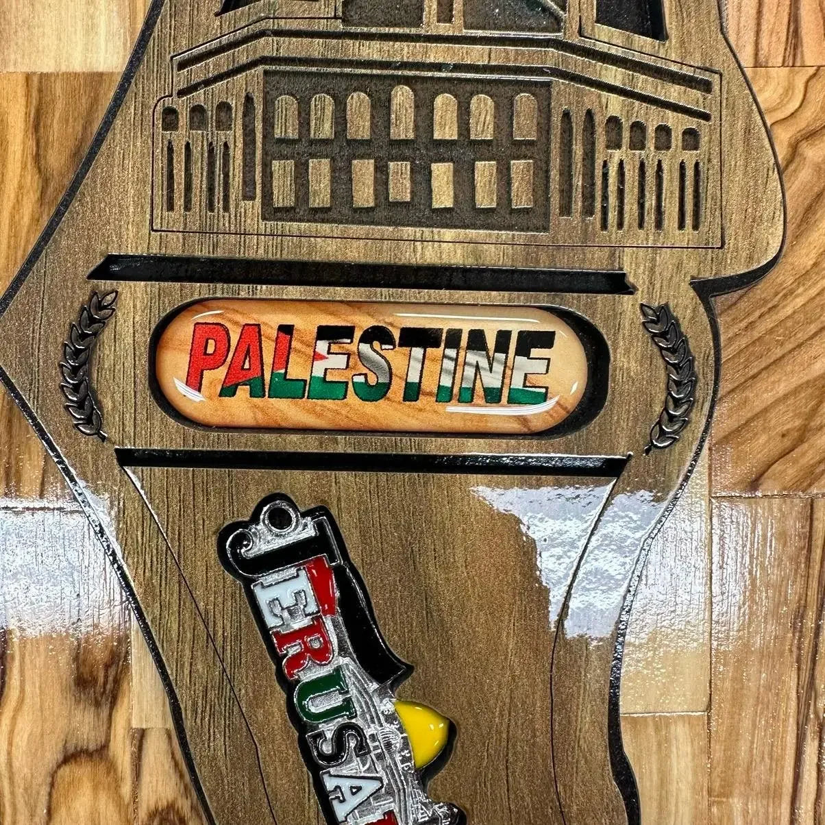 Palestinian Elegance handmade Palestine map wooden frame with intricate engraved landmarks and colorful text