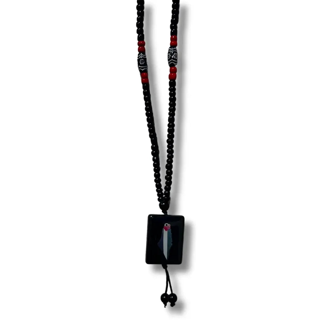 Palestinian Elegance handmade Palestine necklace with black and red beads and rectangular pendant