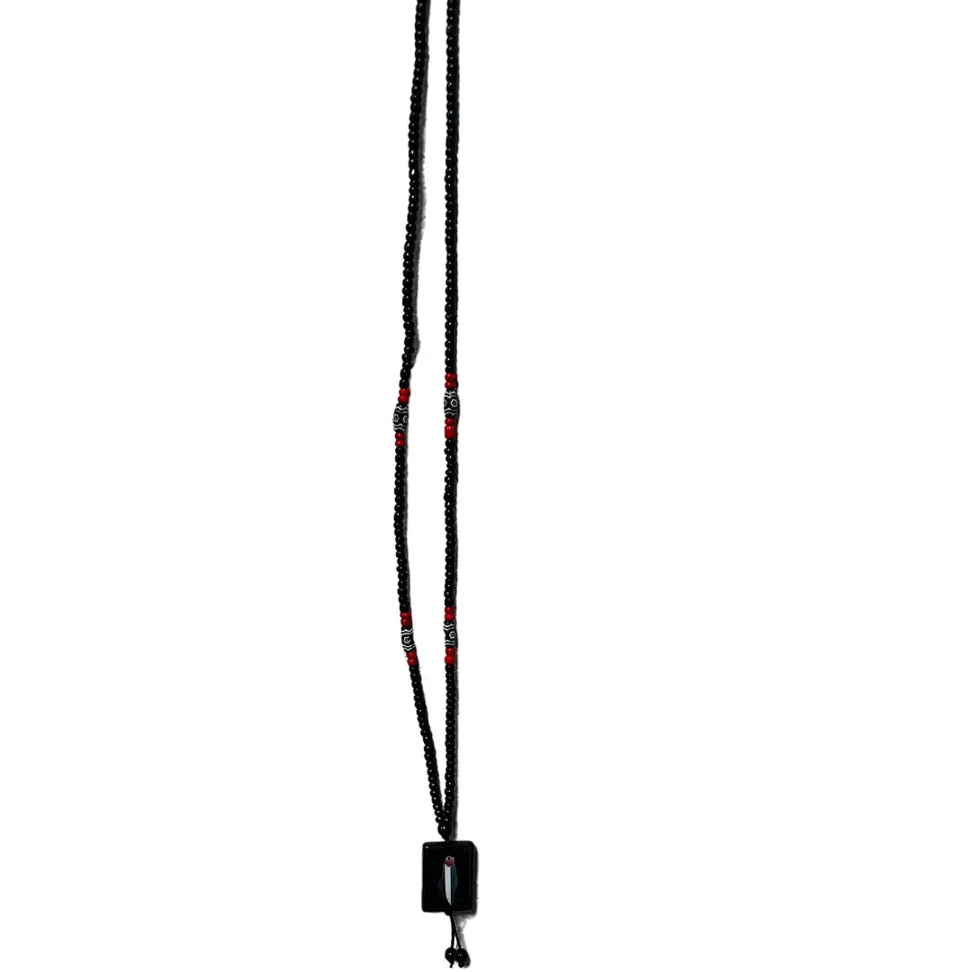 Black beaded handmade Palestine necklace with red and silver accents and rectangular pendant