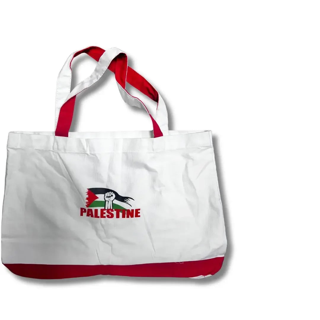 Handmade Palestine tote bag with red and white design and Palestine emblem by Palestinian Elegance