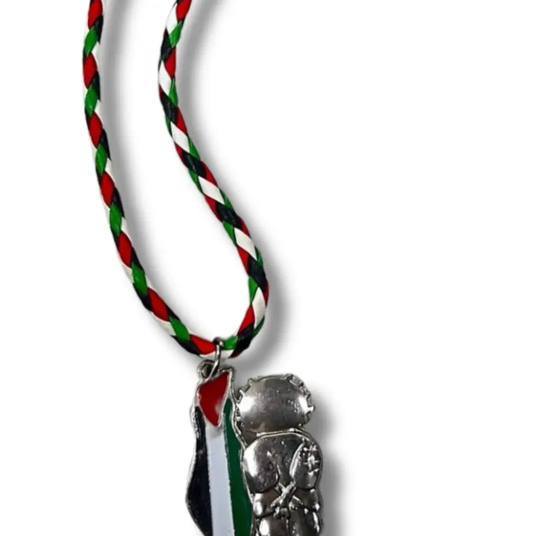 Handmade Palestinian silver necklace with patriotic red green white and black braided cord pendant