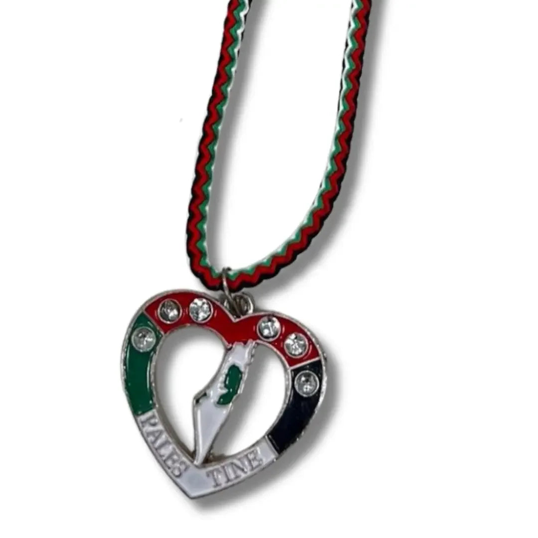 Handmade Palestinian silver necklace with heart pendant in red green black and white colors