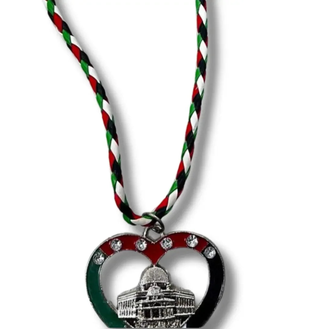 Handmade Palestinian silver necklace with Dome of the Rock pendant and heart design on braided red white green black cord
