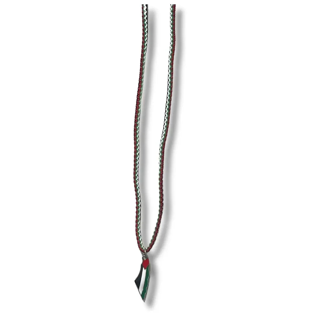 Handmade Palestinian silver necklace with braided black white and red cord and flag pendant