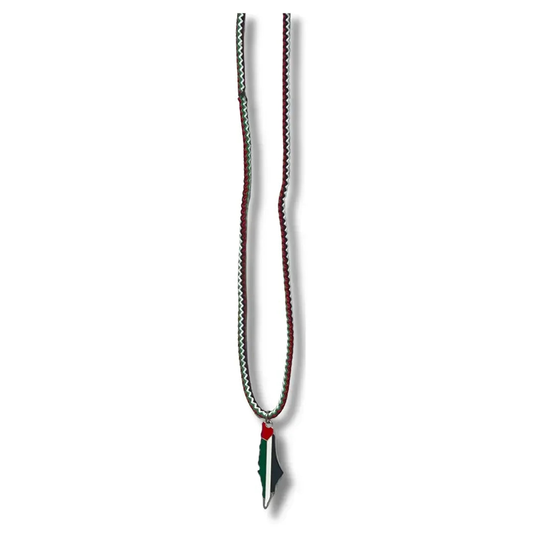 Handmade Palestinian silver necklace with a colorful pendant and intricate woven cord by Palestinian Elegance