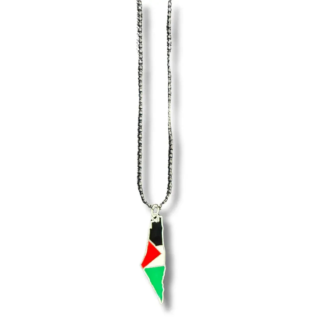 Handmade Palestinian silver necklace with pendant shaped like the map of Palestine in red black white and green colors