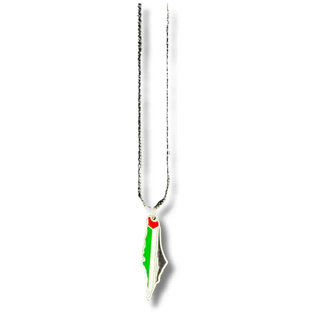 Handmade Palestinian silver necklace with pendant featuring the Palestinian flag colors in green white red and black
