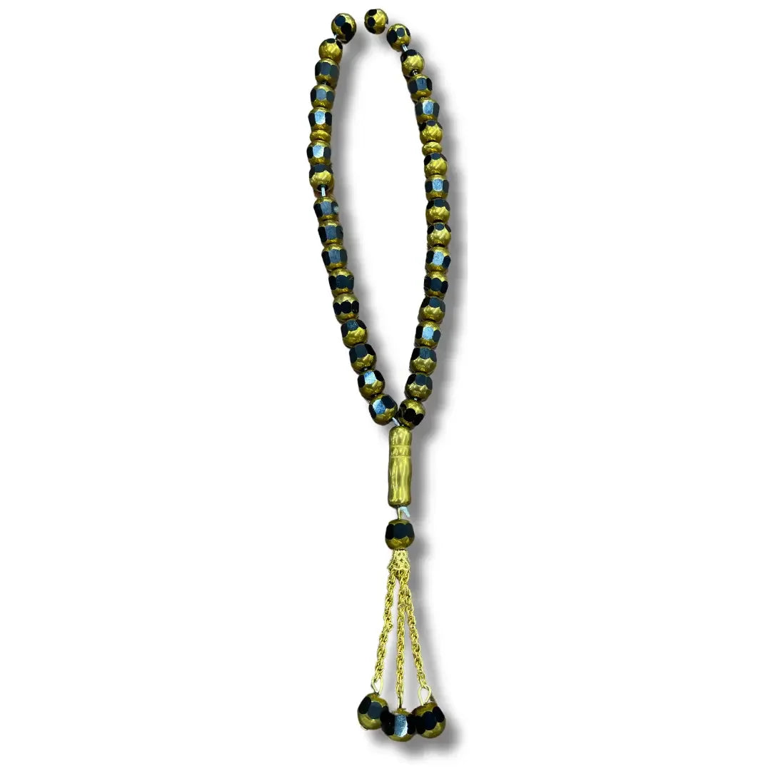 Handmade Palestinian tasbeeh with black and gold beads featuring elegant tassels from Palestinian Elegance