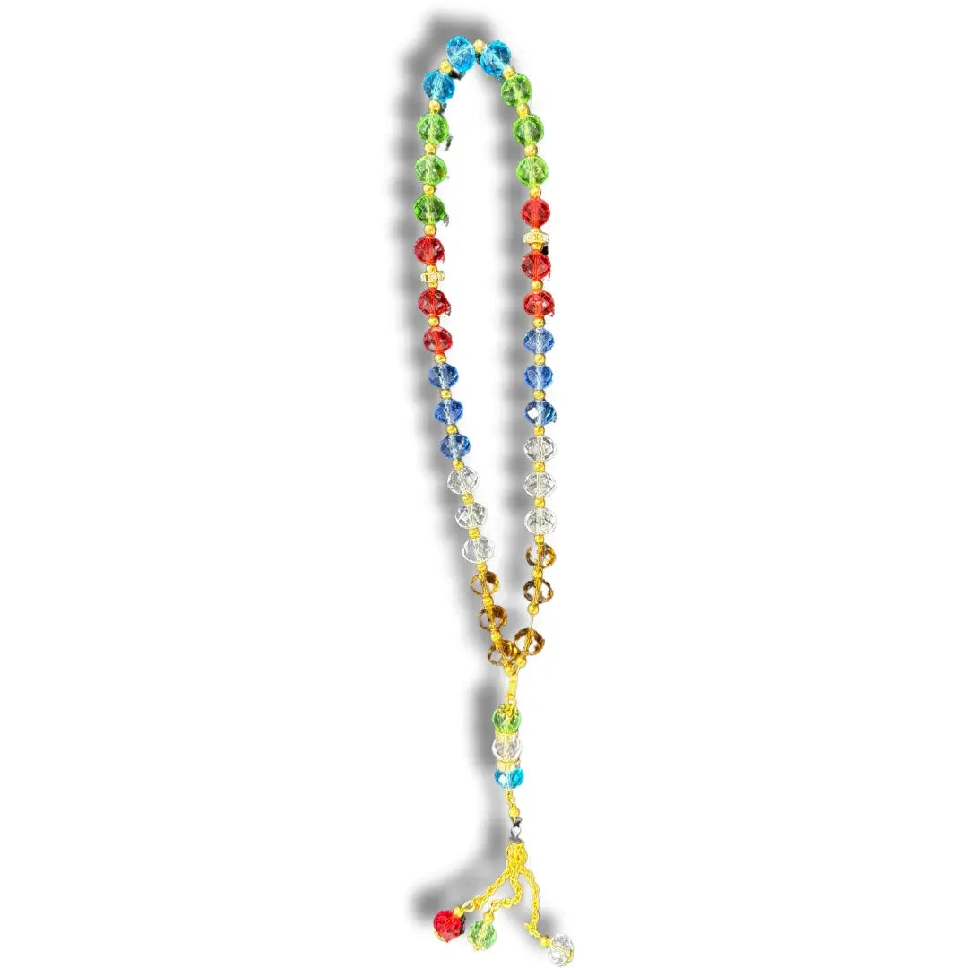 Colorful handmade Palestinian tasbeeh with multicolored beads and yellow tassel by Palestinian Elegance